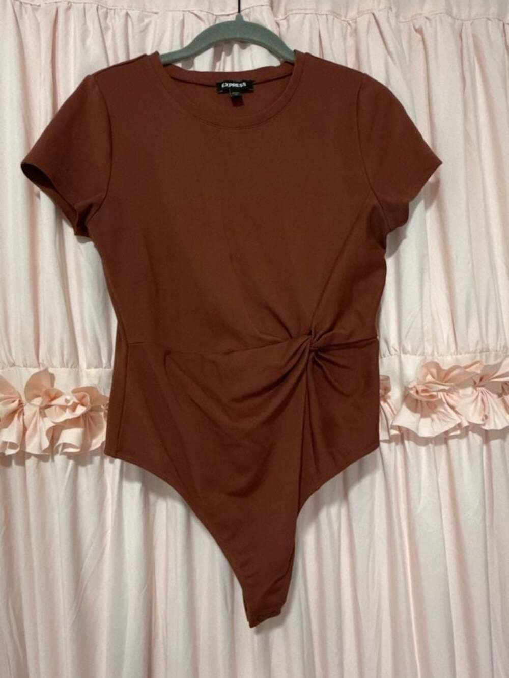 Express Women's Short Sleeve Twist Front Bodysuit in Chocolate